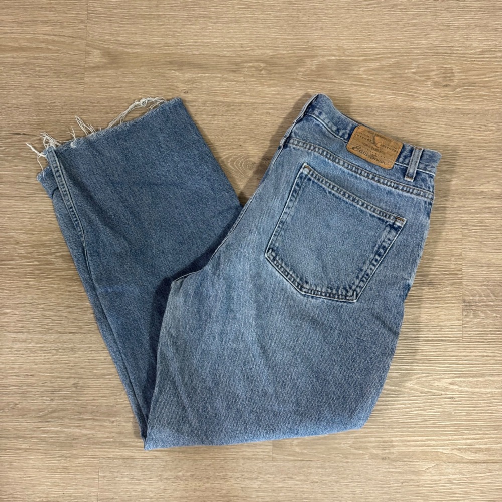 Vtg Eddie Bauer Loose Fit Jeans Mens 36x30 Blue Denim Cut Off Hem 100% Cotton